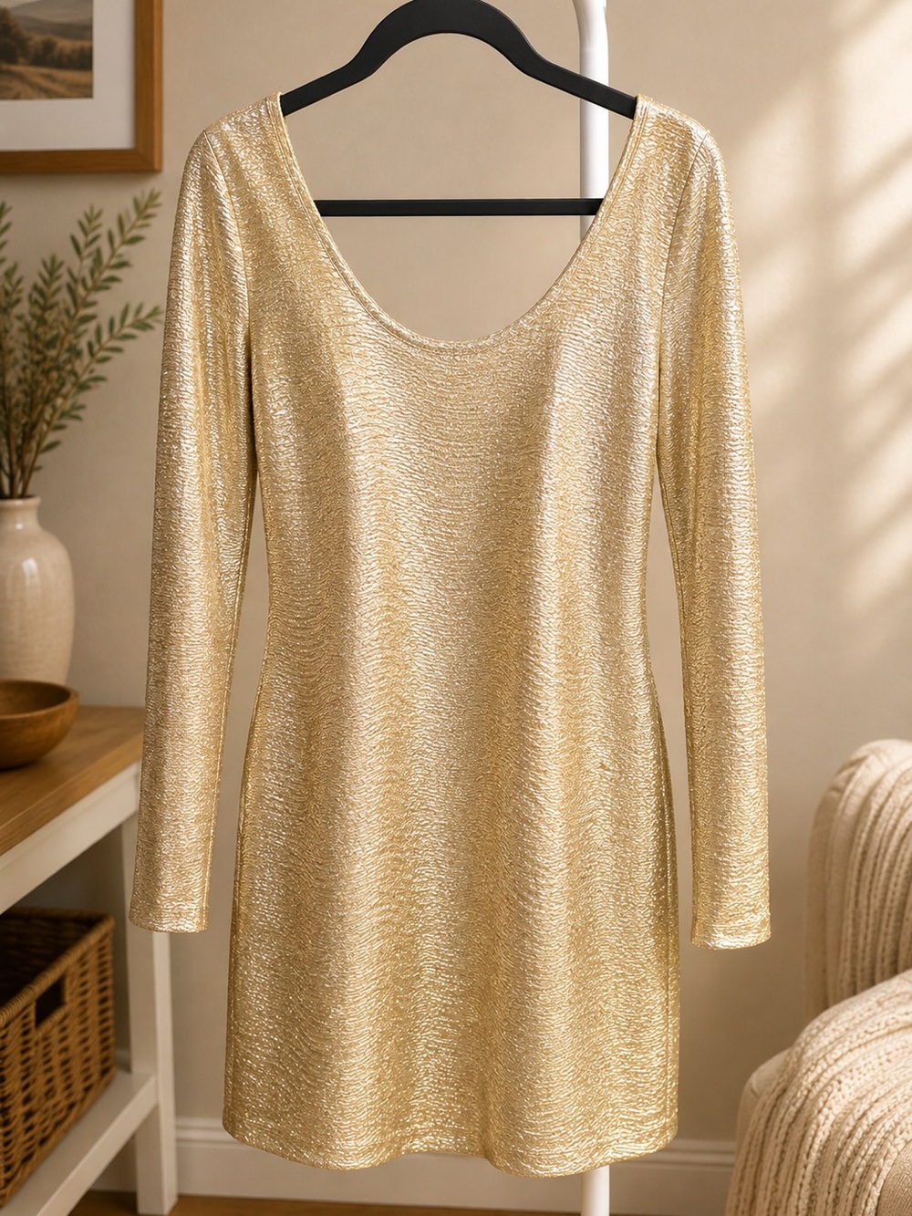 BCBGeneration Shimmery Gold Long Sleeve Scoop Neck Dress